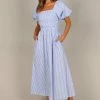 Clo Puff Sleeve Midi Dress - Blue Stripe