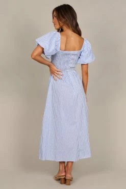 Clo Puff Sleeve Midi Dress - Blue Stripe -Dress Shop petal and pup usa dresses clo puff sleeve maxi dress blue stripe 33487848177841