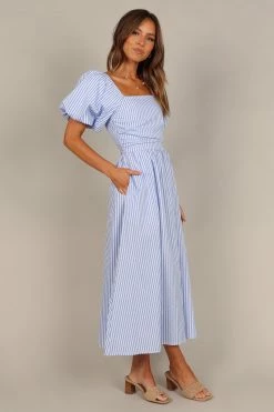 Clo Puff Sleeve Midi Dress - Blue Stripe -Dress Shop petal and pup usa dresses clo puff sleeve maxi dress blue stripe 33487848210609