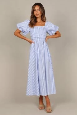 Clo Puff Sleeve Midi Dress - Blue Stripe -Dress Shop petal and pup usa dresses clo puff sleeve maxi dress blue stripe 33487848243377