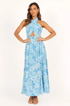 Clover Halterneck Maxi Dress - Blue Floral -Dress Shop petal and pup usa dresses clover halterneck midi dress blue floral 33481573466289