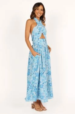 Clover Halterneck Maxi Dress - Blue Floral -Dress Shop petal and pup usa dresses clover halterneck midi dress blue floral 33481573597361
