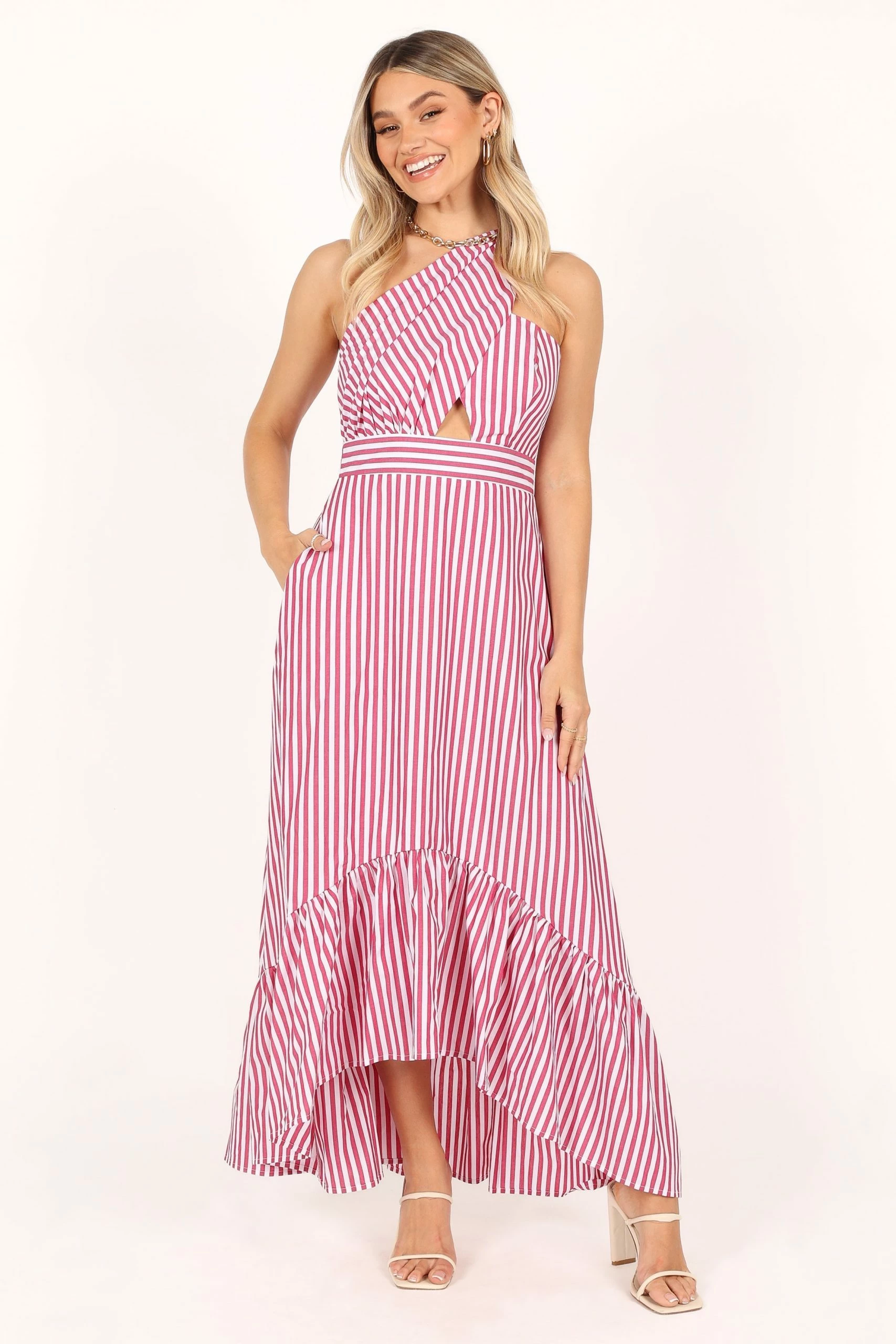 Danica One Shoulder Dress - Berry Stripe 5 Danica One Shoulder Dress - Berry Stripe - Image 5