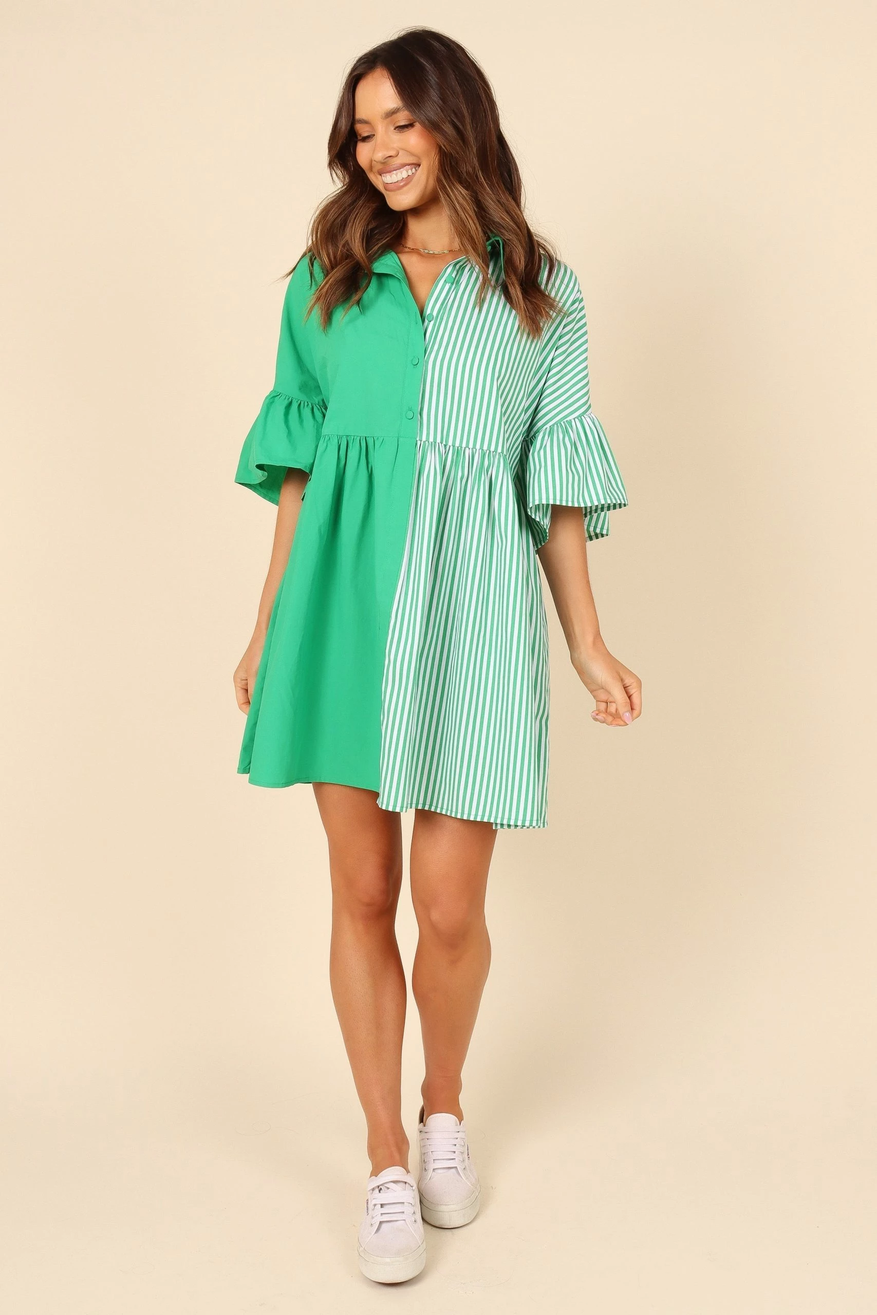 Didi Frill Mini Dress - Green Stripe 1 Didi Frill Mini Dress - Green Stripe