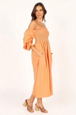 Domenica Off Shoulder Midi Dress - Orange -Dress Shop petal and pup usa dresses domenica off shoulder midi dress orange 33553153130673
