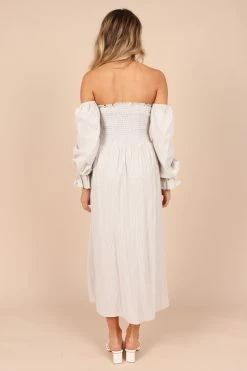 Domenica Shirred Long Sleeve Midi Dress - Beige Stripe -Dress Shop petal and pup usa dresses domenica shirred long sleeve midi dress beige stripe 32257851490481