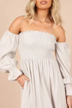 Domenica Shirred Long Sleeve Midi Dress - Beige Stripe -Dress Shop petal and pup usa dresses domenica shirred long sleeve midi dress beige stripe 32257851523249