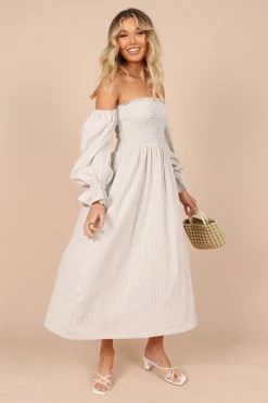 Domenica Shirred Long Sleeve Midi Dress - Beige Stripe -Dress Shop petal and pup usa dresses domenica shirred long sleeve midi dress beige stripe 32257851556017