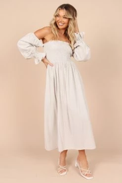 Domenica Shirred Long Sleeve Midi Dress - Beige Stripe -Dress Shop petal and pup usa dresses domenica shirred long sleeve midi dress beige stripe 32257851654321