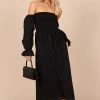 Domenica Shirred Long Sleeve Midi Dress - Black