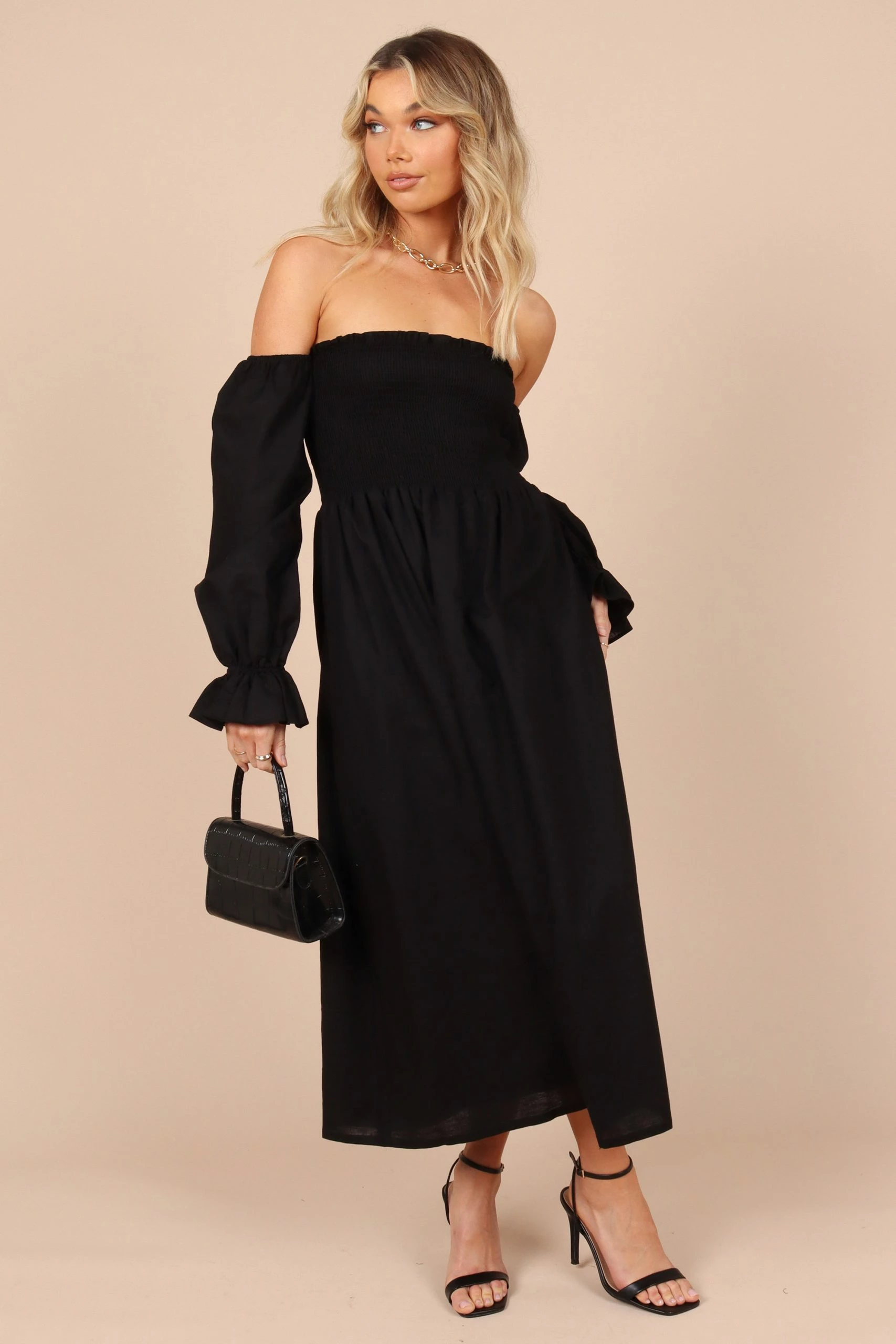 Domenica Shirred Long Sleeve Midi Dress - Black 1 Domenica Shirred Long Sleeve Midi Dress - Black