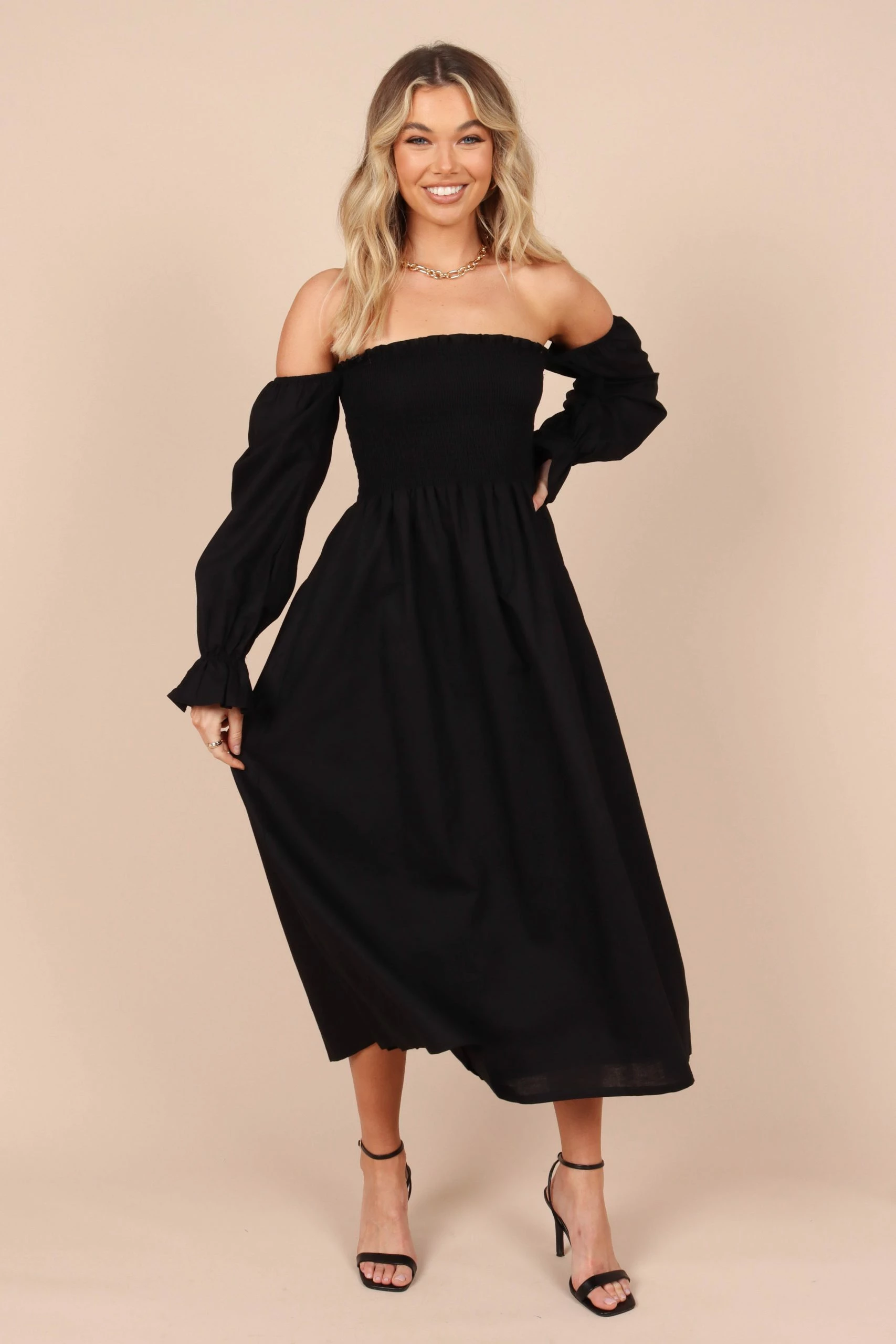 Domenica Shirred Long Sleeve Midi Dress - Black 3 Domenica Shirred Long Sleeve Midi Dress - Black - Image 3