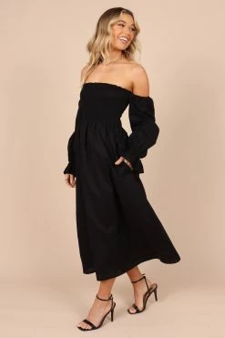 Domenica Shirred Long Sleeve Midi Dress - Black 12 Domenica Shirred Long Sleeve Midi Dress - Black -Dress Shop petal and pup usa dresses domenica shirred long sleeve midi dress black 32396368838833