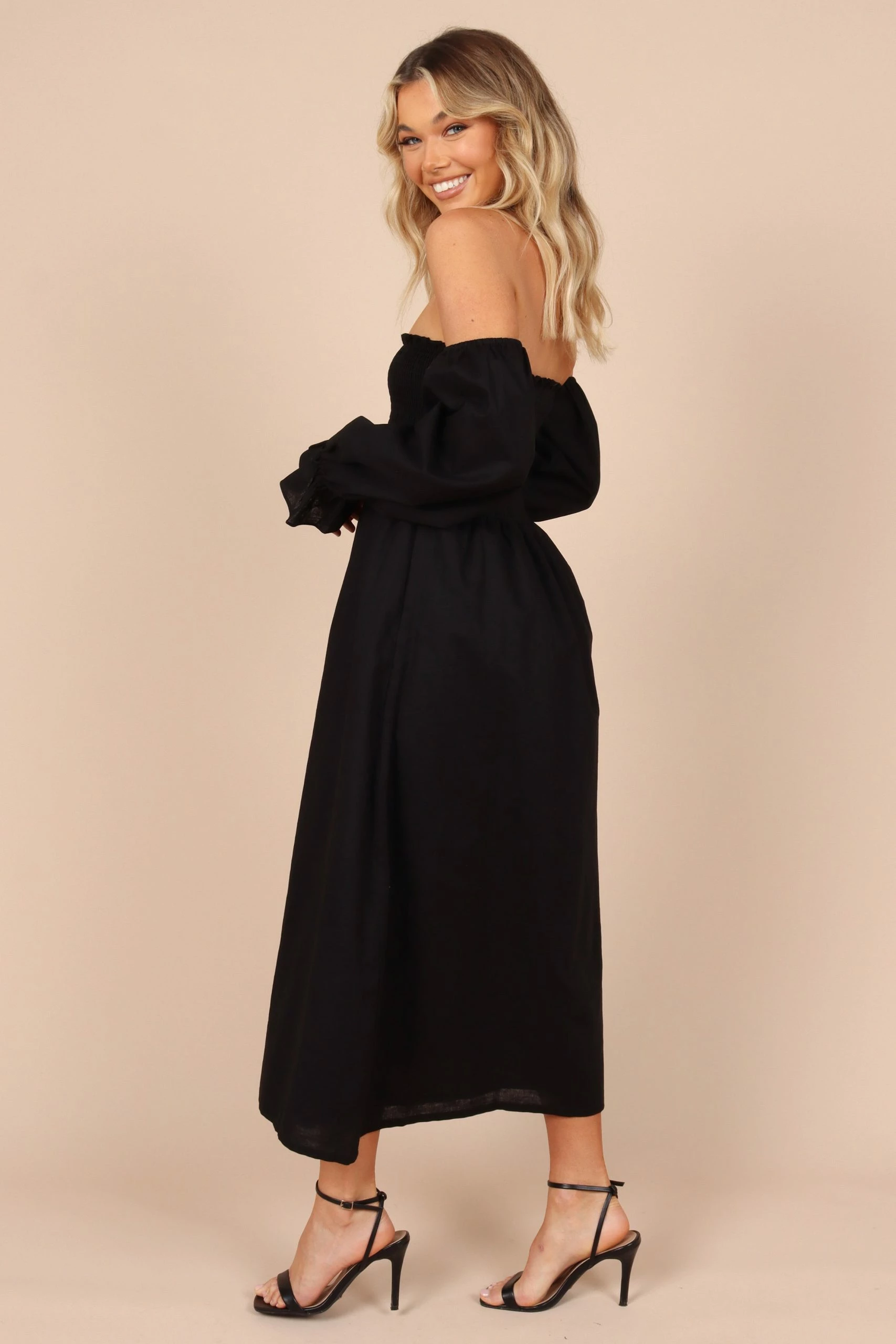 Domenica Shirred Long Sleeve Midi Dress - Black 6 Domenica Shirred Long Sleeve Midi Dress - Black - Image 6