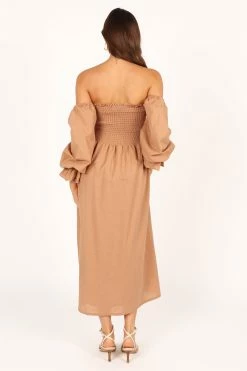 Domenica Shirred Long Sleeve Midi Dress - Tan -Dress Shop petal and pup usa dresses domenica shirred long sleeve midi dress tan 33553160208561