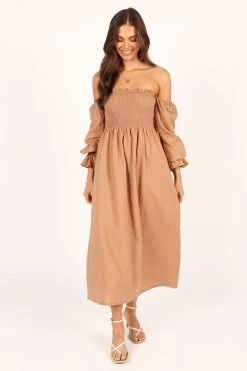 Domenica Shirred Long Sleeve Midi Dress - Tan -Dress Shop petal and pup usa dresses domenica shirred long sleeve midi dress tan 33553160241329