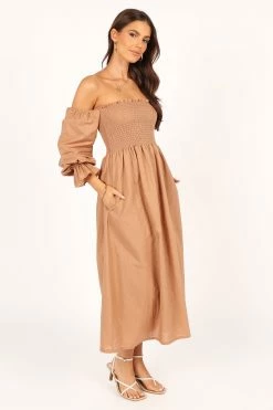 Domenica Shirred Long Sleeve Midi Dress - Tan -Dress Shop petal and pup usa dresses domenica shirred long sleeve midi dress tan 33553160274097
