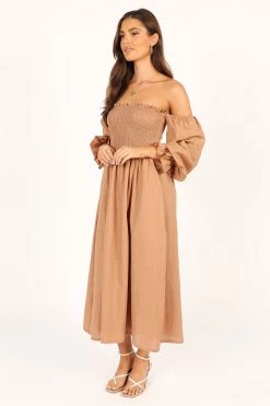 Domenica Shirred Long Sleeve Midi Dress - Tan -Dress Shop petal and pup usa dresses domenica shirred long sleeve midi dress tan 33553160405169