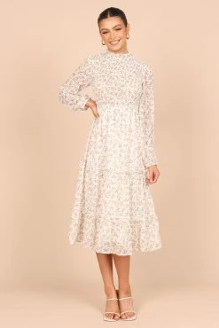 Edwina Shirred Frill Long Sleeve Midi Dress - Cream Floral