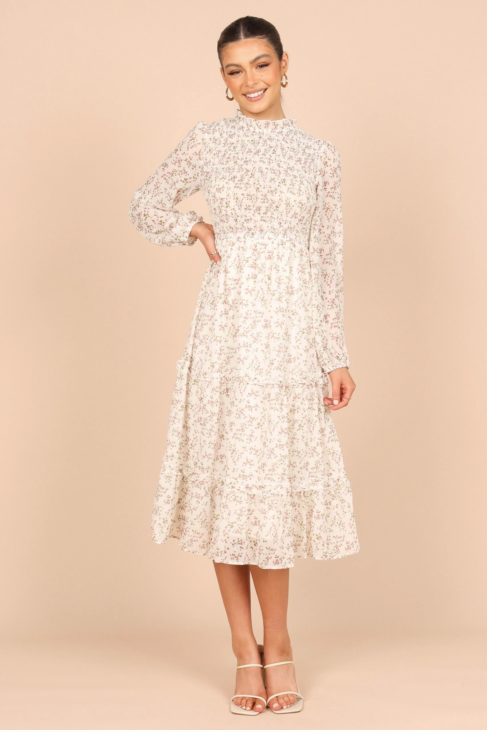 Edwina Shirred Frill Long Sleeve Midi Dress - Cream Floral 1 Edwina Shirred Frill Long Sleeve Midi Dress - Cream Floral