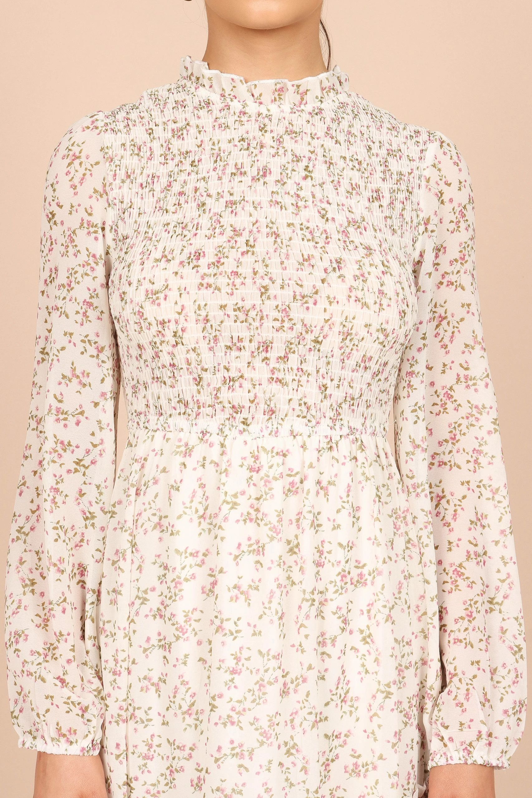 Edwina Shirred Frill Long Sleeve Midi Dress - Cream Floral 2 Edwina Shirred Frill Long Sleeve Midi Dress - Cream Floral - Image 2