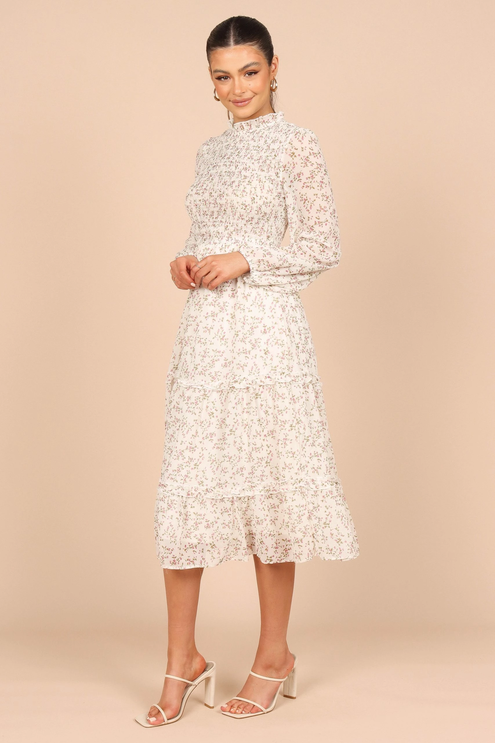Edwina Shirred Frill Long Sleeve Midi Dress - Cream Floral 3 Edwina Shirred Frill Long Sleeve Midi Dress - Cream Floral - Image 3