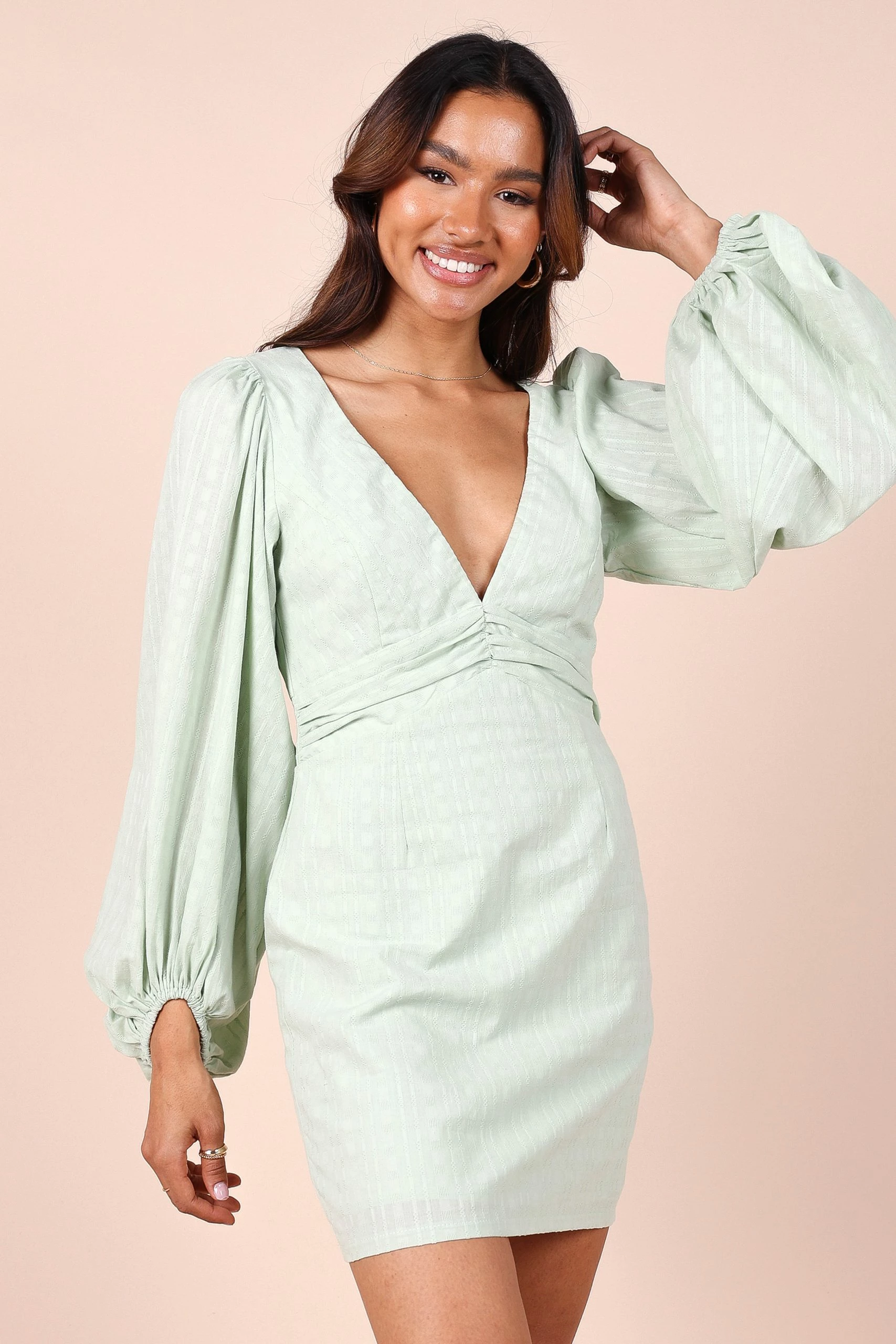 Emilina Long Sleeve Mini Dress - Sage 1 Emilina Long Sleeve Mini Dress - Sage
