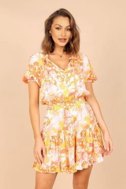 Dress Shop 62 Feliz Shirred Waist Mini Dress - Coral Floral