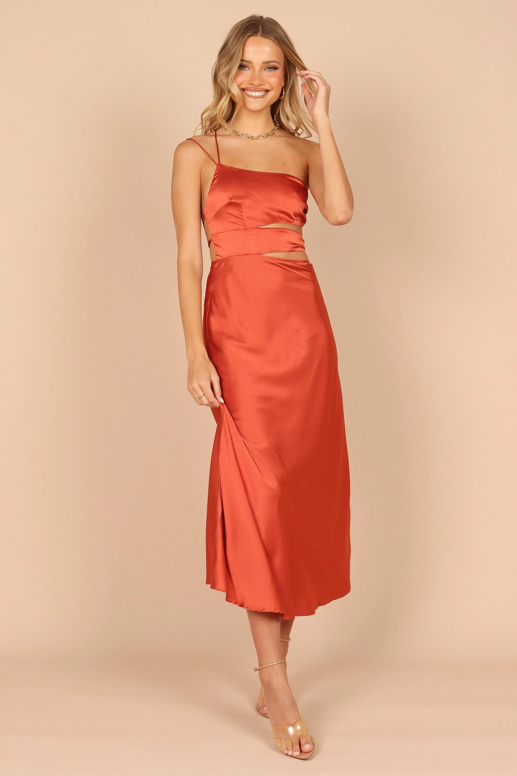 Forelle One Shoulder Cut Out Midi Dress - Rust 1 Forelle One Shoulder Cut Out Midi Dress - Rust