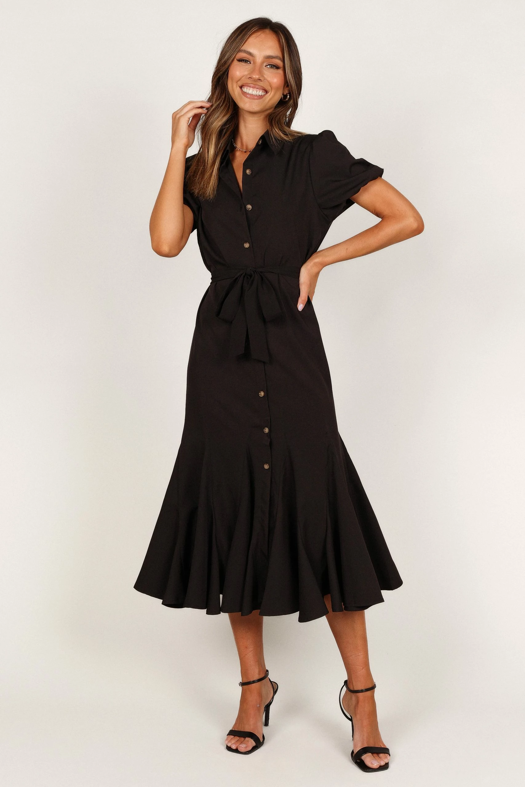 Gabrielle Button Down Midi Dress - Black 1 Gabrielle Button Down Midi Dress - Black
