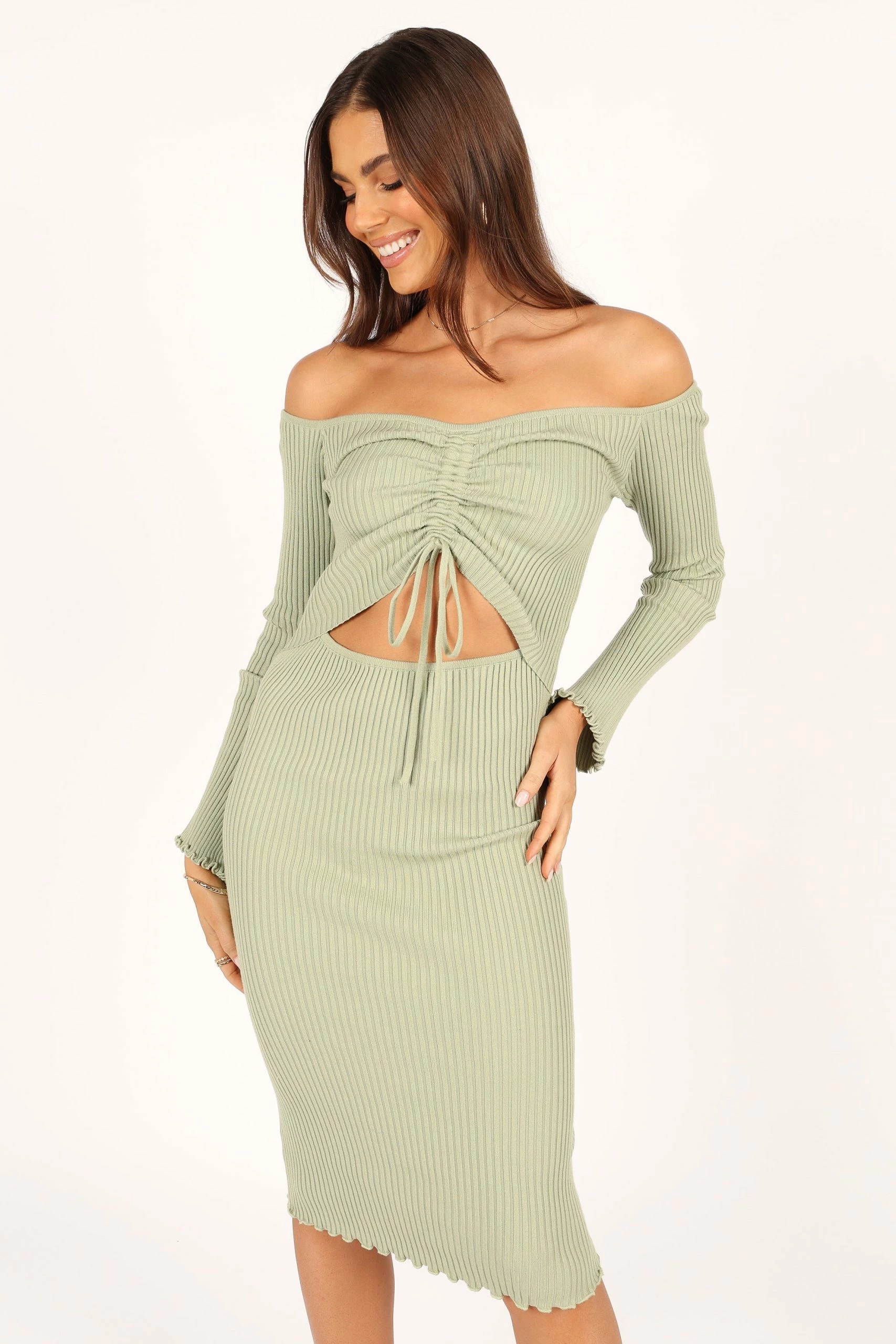 Geneva Off Shoulder Midi Dress - Sage 1 Geneva Off Shoulder Midi Dress - Sage