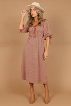 Georgette Puff Sleeve Midi Dress - Brown Check