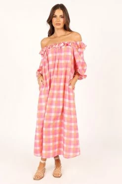 Georgia Off Shoulder Midi Dress - Pink Gingham -Dress Shop petal and pup usa dresses georgia off shoulder midi dress pink gingham 33690334134449