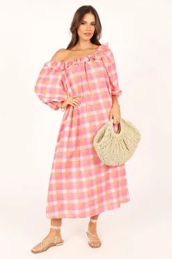 Georgia Off Shoulder Midi Dress - Pink Gingham -Dress Shop petal and pup usa dresses georgia off shoulder midi dress pink gingham 33690334167217