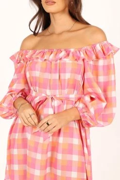 Georgia Off Shoulder Midi Dress - Pink Gingham -Dress Shop petal and pup usa dresses georgia off shoulder midi dress pink gingham 33690334199985