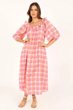 Georgia Off Shoulder Midi Dress - Pink Gingham -Dress Shop petal and pup usa dresses georgia off shoulder midi dress pink gingham 33690334232753