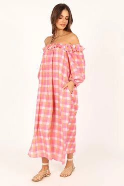 Georgia Off Shoulder Midi Dress - Pink Gingham -Dress Shop petal and pup usa dresses georgia off shoulder midi dress pink gingham 33690334298289