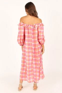 Georgia Off Shoulder Midi Dress - Pink Gingham -Dress Shop petal and pup usa dresses georgia off shoulder midi dress pink gingham 33690334363825