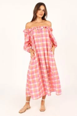 Georgia Off Shoulder Midi Dress - Pink Gingham -Dress Shop petal and pup usa dresses georgia off shoulder midi dress pink gingham 33690334462129