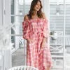 Georgia Off Shoulder Midi Dress - Pink Gingham