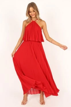 Gia Pleated Halterneck Maxi Dress - Red -Dress Shop petal and pup usa dresses gia pleated halterneck maxi dress red 33543065272497