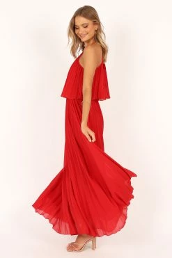 Gia Pleated Halterneck Maxi Dress - Red -Dress Shop petal and pup usa dresses gia pleated halterneck maxi dress red 33543065305265
