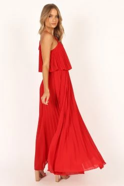 Gia Pleated Halterneck Maxi Dress - Red -Dress Shop petal and pup usa dresses gia pleated halterneck maxi dress red 33543065370801