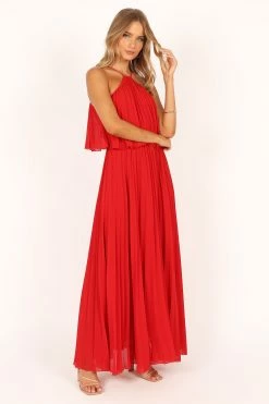 Gia Pleated Halterneck Maxi Dress - Red -Dress Shop petal and pup usa dresses gia pleated halterneck maxi dress red 33543065403569