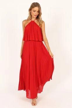 Gia Pleated Halterneck Maxi Dress - Red -Dress Shop petal and pup usa dresses gia pleated halterneck maxi dress red 33543065436337