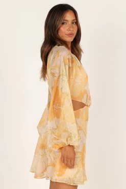 Jamille Cutout Long Sleeve Mini Dress - Yellow -Dress Shop petal and pup usa dresses jamille cutout long sleeve mini dress yellow 33276804923569