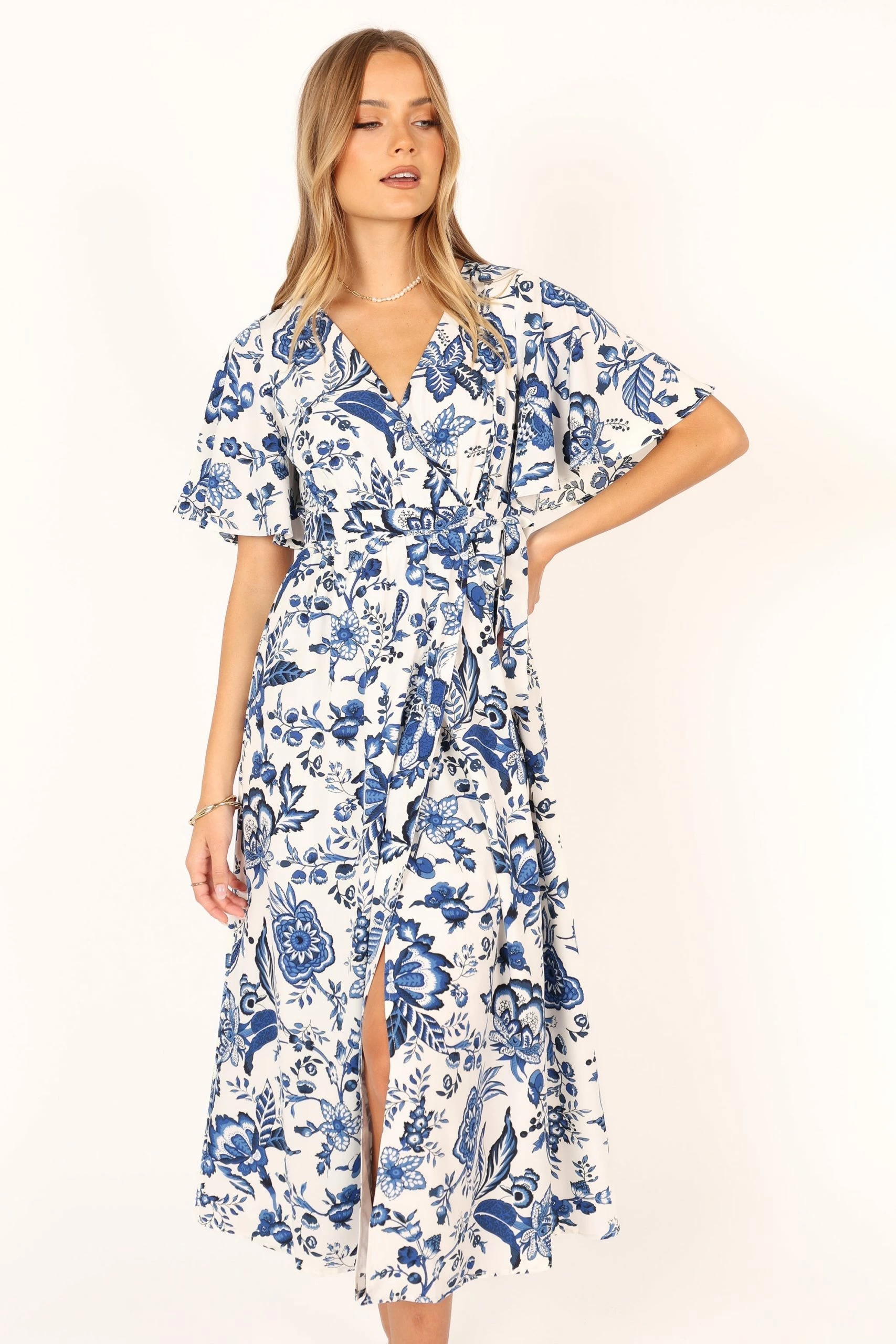 Kaleen Midi Wrap Dress - White Blue 1 Kaleen Midi Wrap Dress - White Blue