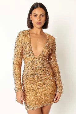 Kelly Long Sleeve Sequin Mini Dress - Gold