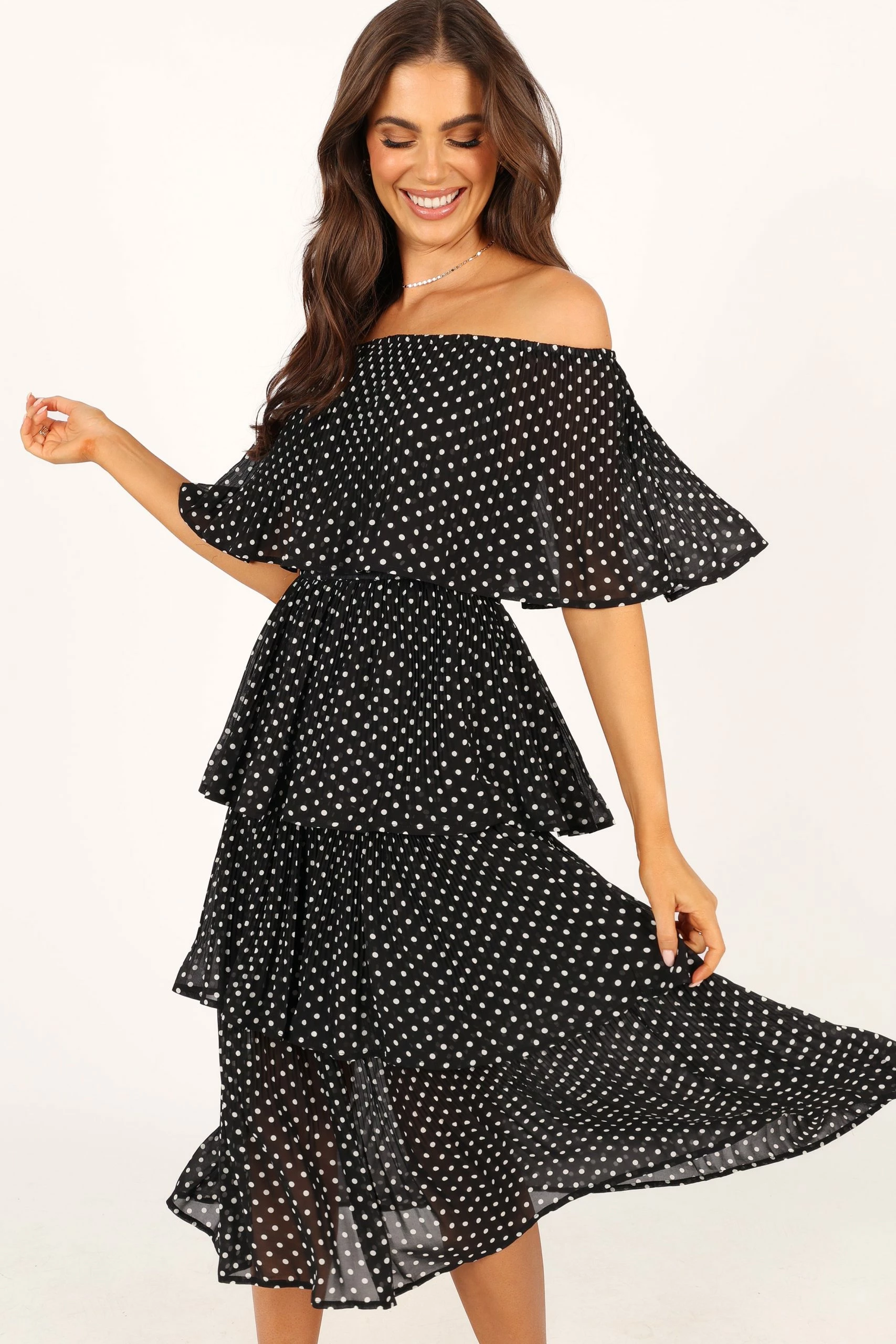 Lilli Tiered Midi Dress - Black White Polka Dot 1 Lilli Tiered Midi Dress - Black White Polka Dot