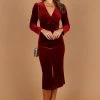 Lisse Twist Front Long Sleeve Velvet Midi Dress - Wine